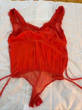 Free People Red Ruffled Lace-Trim Sheer Bodysuit